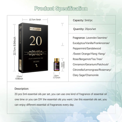 MAYJAM 20pcs/set Essential Oils Gift Box for Reed Diffuser Humidifier Burner Making Perfume Candle,Lavender Jasmine Eucalyptus Vanilla Frankincense Peppermint Sandalwood Sweet Orange Ylang Ylang Rose Bergamot Tea Tree Cinnamo