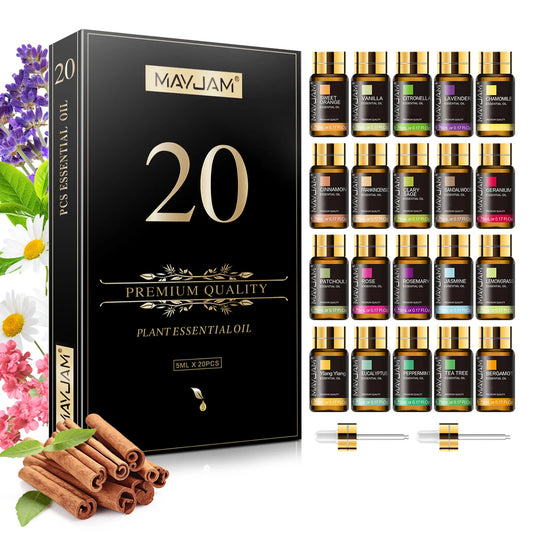 MAYJAM 20pcs/set Essential Oils Gift Box for Reed Diffuser Humidifier Burner Making Perfume Candle,Lavender Jasmine Eucalyptus Vanilla Frankincense Peppermint Sandalwood Sweet Orange Ylang Ylang Rose Bergamot Tea Tree Cinnamo